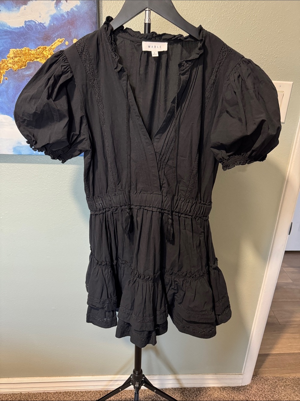 MARBLE Black Puff-Sleeve V-Neck Tiered Tunic